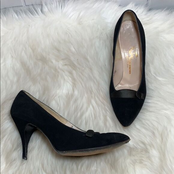 Andrew Geller VTG Black Suede Kitten Heels Sz 7 - Picture 1 of 6